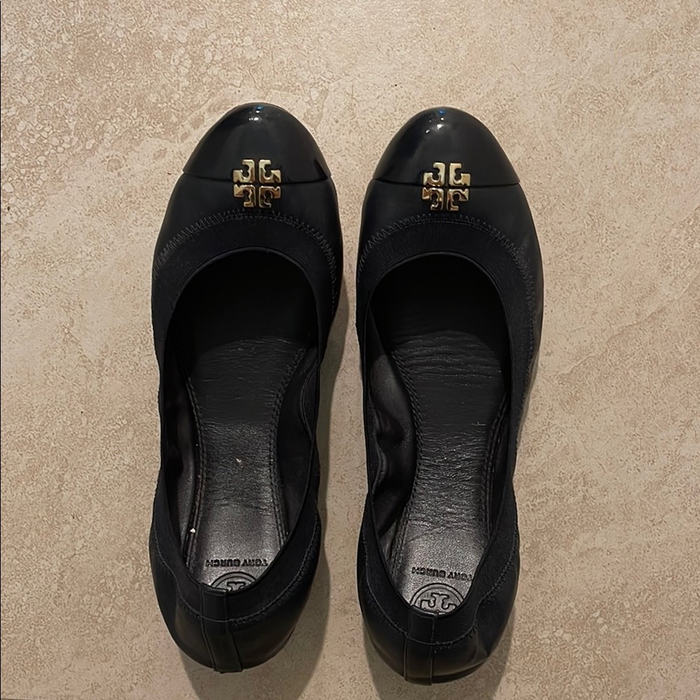 Tory Burch Black Suede Flats with Metallic Medallion